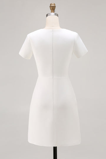 Ivory Satin A Line Pleated Short Work Dress with Short Sleeves